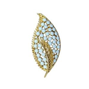 Vintage Leaf-Shaped Brooch Pin With Faux Pearls & Gold-Tone Finish - Retro Chic
